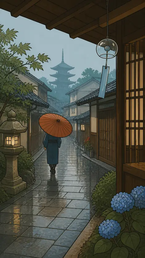 Rainy Kyoto Morning scene artwork